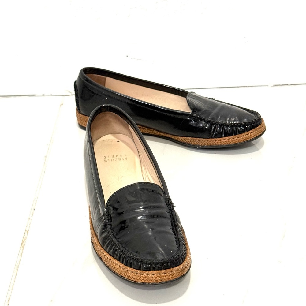 Stuart Weitzman Glossy Black Loafers with Brown Trim 7.5‎